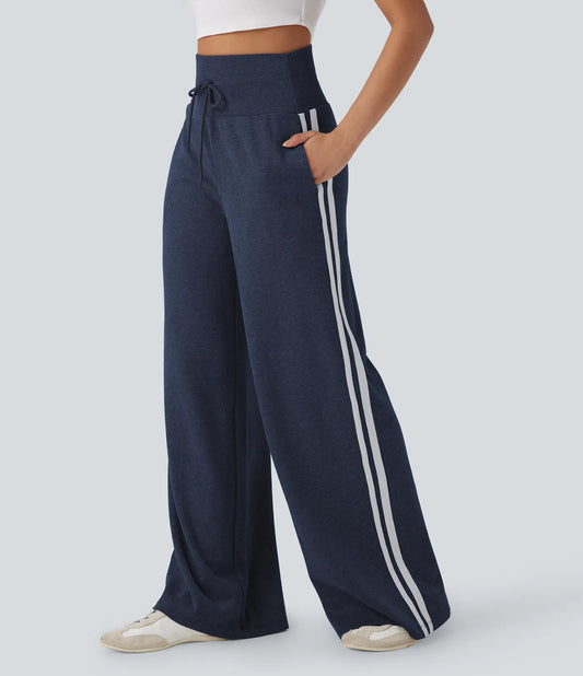 Ribbed High Waisted Tummy Control Drawstring Wide Leg Color Block Casual Pants with Pockets