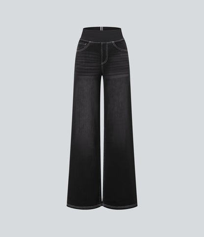 High Waisted Stripe Wide Leg Flowy Washed Casual Jeans with Pockets
