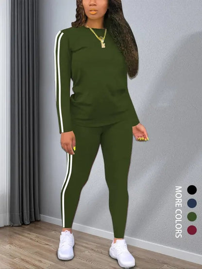 [🔥Buy 2 Free Shipping]Women's Striped Print Long Sleeve Top & Pants Two-piece Set, Casual Fashion Cozy Round Neck Top & Trousers for Daily Outdoor Wear, Ladies Clothes