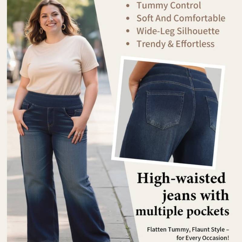 🏆LAST DAY SALE 50% OFF - Plus Size High Waist Comfy Stretch Knit Wide Leg Jeans with Multiple Pockets