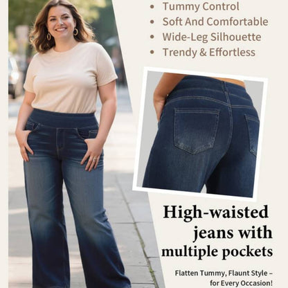 🏆LAST DAY SALE 50% OFF - Plus Size High Waist Comfy Stretch Knit Wide Leg Jeans with Multiple Pockets