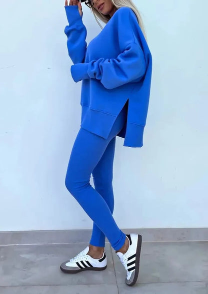 Women's Comfy Loose Slit Sweatshirt and Elastic Waist Tight Pants Set