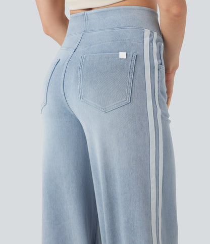 High Waisted Stripe Wide Leg Flowy Washed Casual Jeans with Pockets