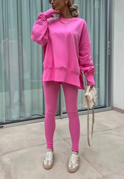 Women's Comfy Loose Slit Sweatshirt and Elastic Waist Tight Pants Set