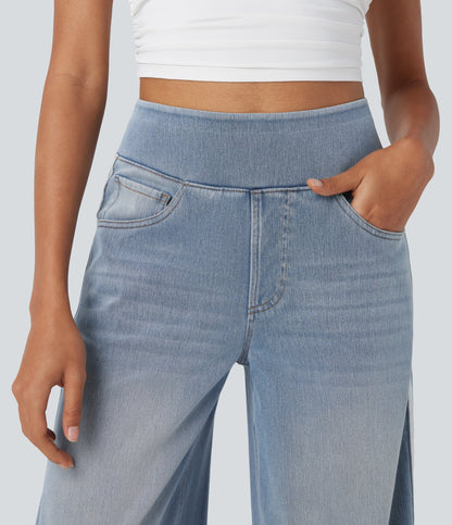 High Waisted Stripe Wide Leg Flowy Washed Casual Jeans with Pockets