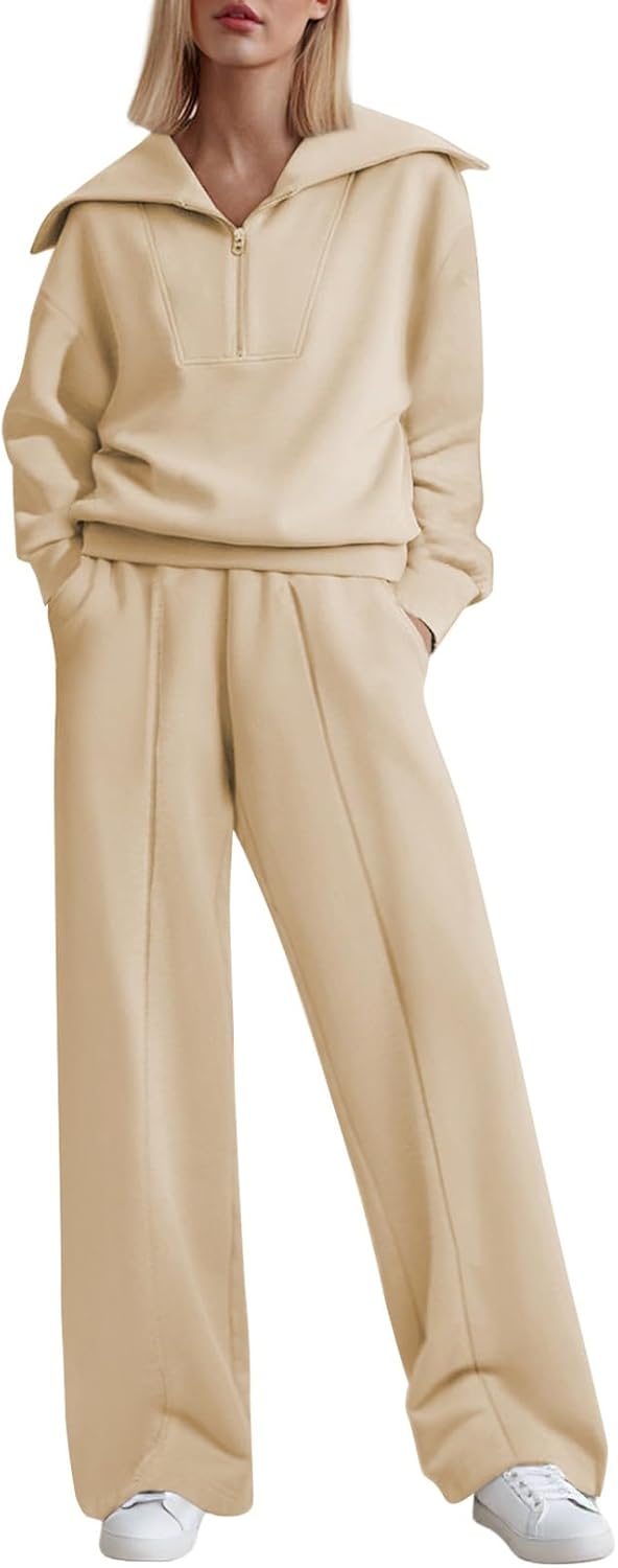 Movrae Two Piece Outfits Half Zip Sweatshirt Sweatsuit Lounge Sets for Women Matching Set Wide Leg Sweatpant Tracksuit