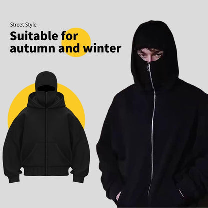 ANAS-Unisex Balaclava Hoodie with Built-In Eye Mask, Double Hooded Hoodie, Full Zip Hooded Sweatshirt for Cold Weather