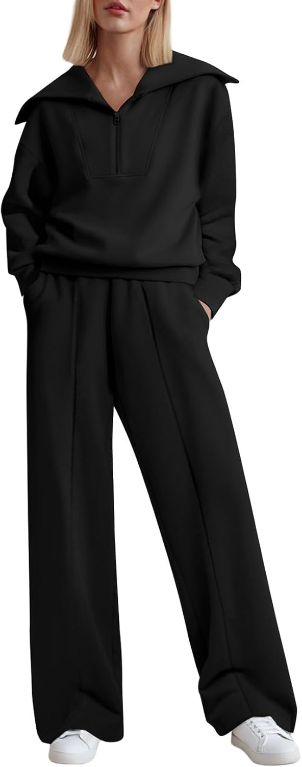 Movrae Two Piece Outfits Half Zip Sweatshirt Sweatsuit Lounge Sets for Women Matching Set Wide Leg Sweatpant Tracksuit