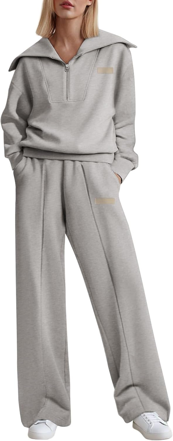 Movrae Two Piece Outfits Half Zip Sweatshirt Sweatsuit Lounge Sets for Women Matching Set Wide Leg Sweatpant Tracksuit
