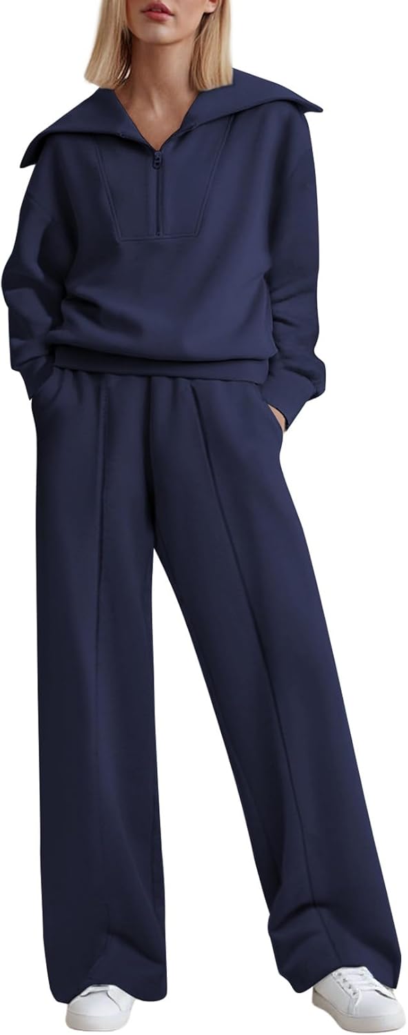 Movrae Two Piece Outfits Half Zip Sweatshirt Sweatsuit Lounge Sets for Women Matching Set Wide Leg Sweatpant Tracksuit