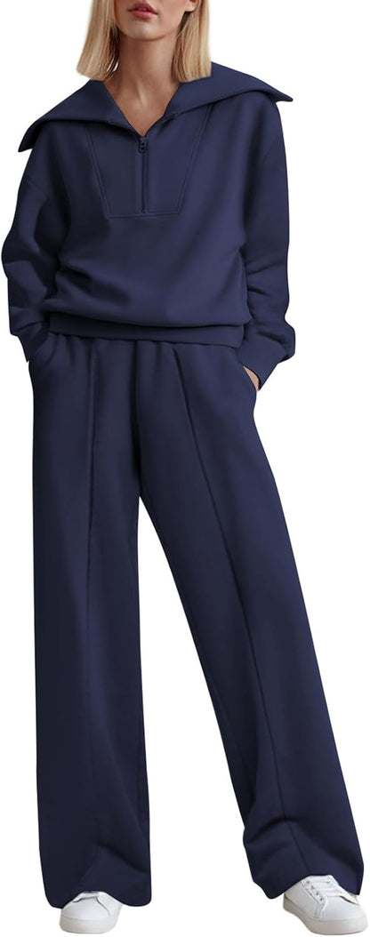 Movrae Two Piece Outfits Half Zip Sweatshirt Sweatsuit Lounge Sets for Women Matching Set Wide Leg Sweatpant Tracksuit