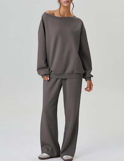 🧊🧊Womens Sweat Outfits Two Piece, Casual Wear for Women Jogging Suits Off-The-Shoulder Long-Sleeved Top and Pants