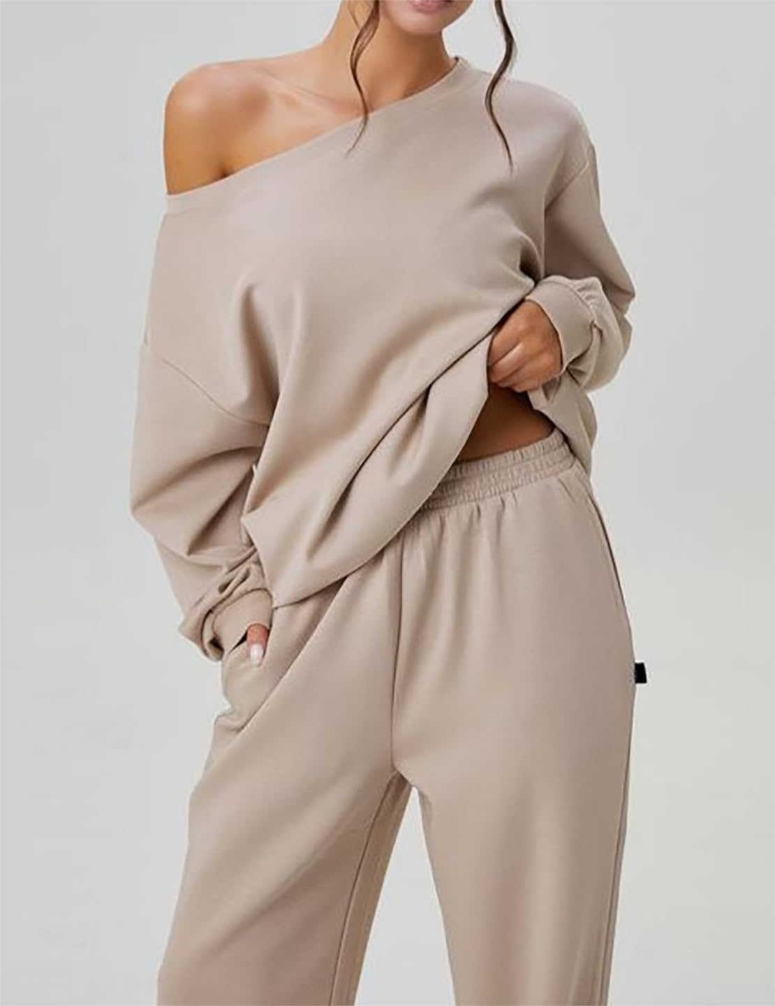 🧊🧊Womens Sweat Outfits Two Piece, Casual Wear for Women Jogging Suits Off-The-Shoulder Long-Sleeved Top and Pants