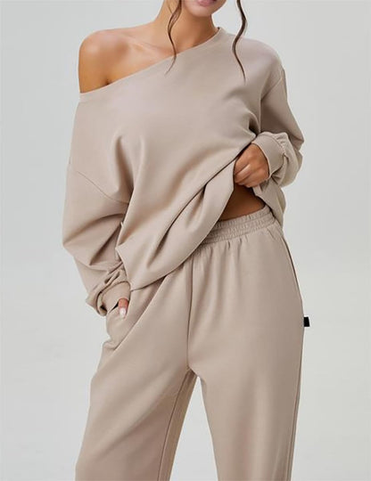 🧊🧊Womens Sweat Outfits Two Piece, Casual Wear for Women Jogging Suits Off-The-Shoulder Long-Sleeved Top and Pants