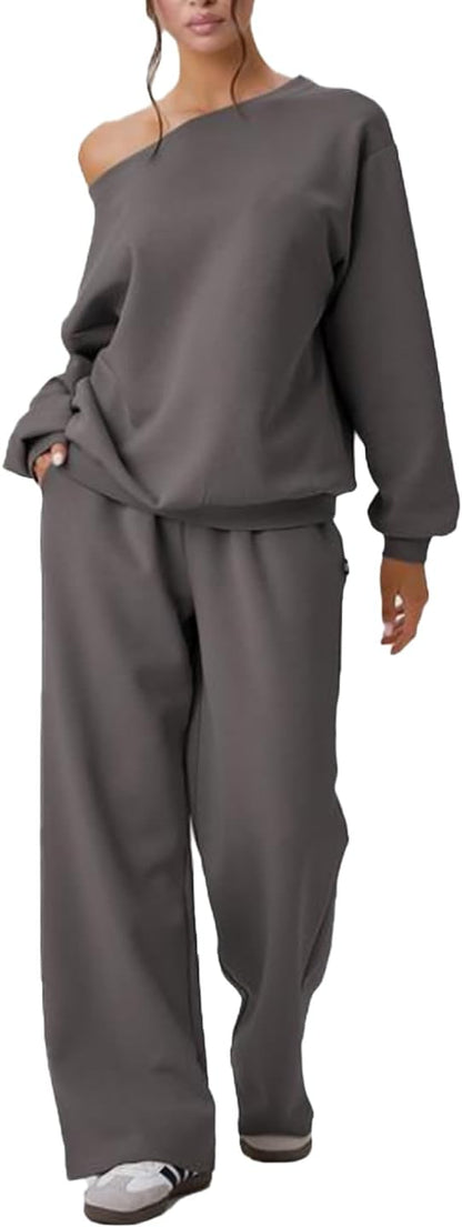 🧊🧊Womens Sweat Outfits Two Piece, Casual Wear for Women Jogging Suits Off-The-Shoulder Long-Sleeved Top and Pants