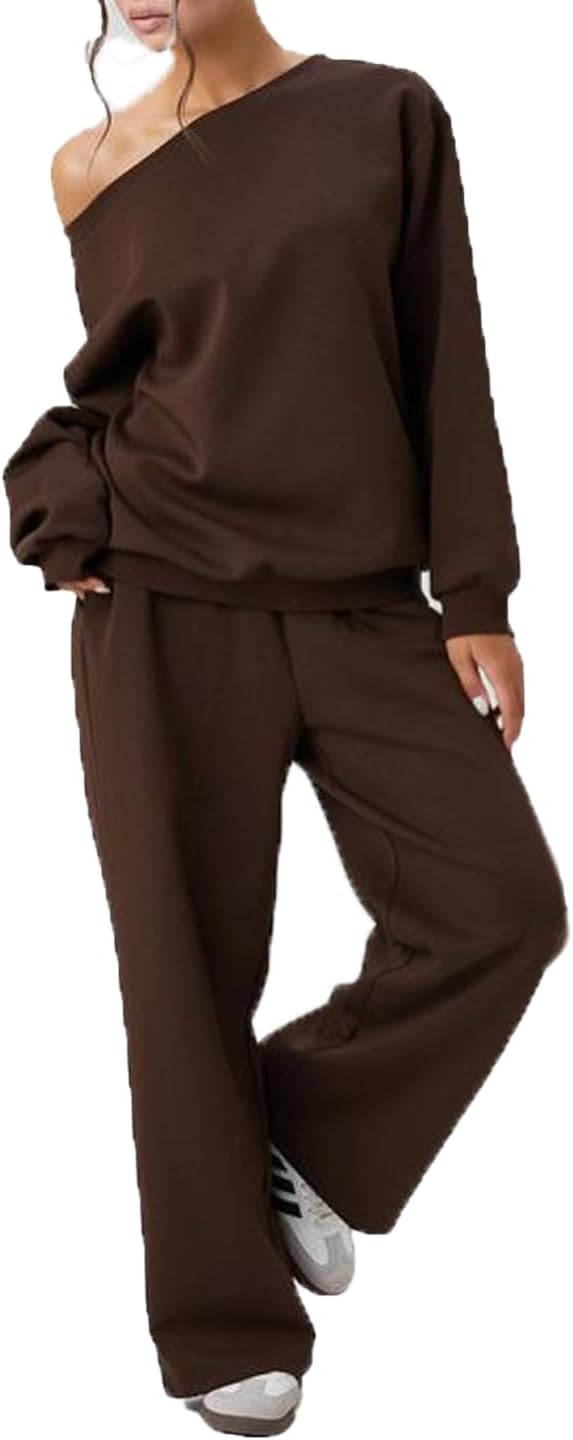 🧊🧊Womens Sweat Outfits Two Piece, Casual Wear for Women Jogging Suits Off-The-Shoulder Long-Sleeved Top and Pants