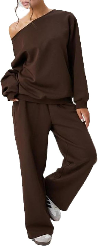 🧊🧊Womens Sweat Outfits Two Piece, Casual Wear for Women Jogging Suits Off-The-Shoulder Long-Sleeved Top and Pants