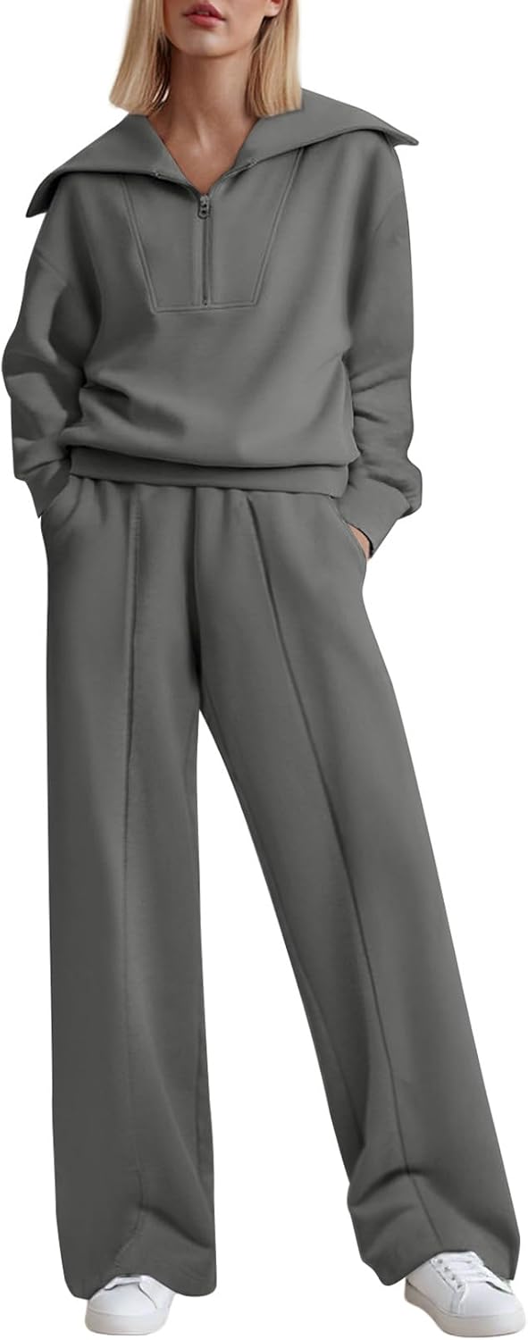 Movrae Two Piece Outfits Half Zip Sweatshirt Sweatsuit Lounge Sets for Women Matching Set Wide Leg Sweatpant Tracksuit