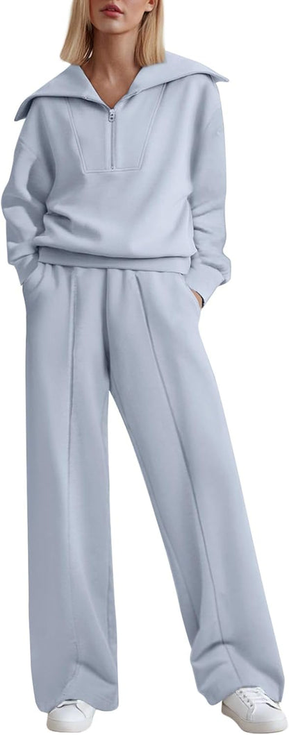 Movrae Two Piece Outfits Half Zip Sweatshirt Sweatsuit Lounge Sets for Women Matching Set Wide Leg Sweatpant Tracksuit