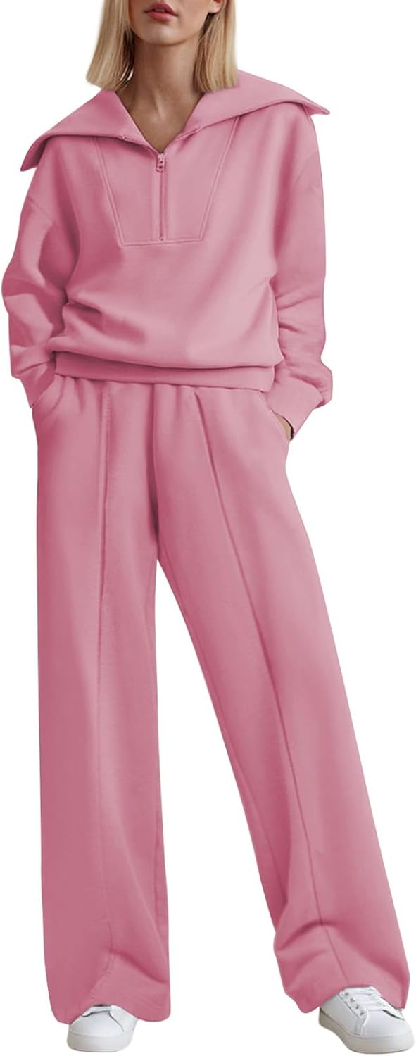 Movrae Two Piece Outfits Half Zip Sweatshirt Sweatsuit Lounge Sets for Women Matching Set Wide Leg Sweatpant Tracksuit