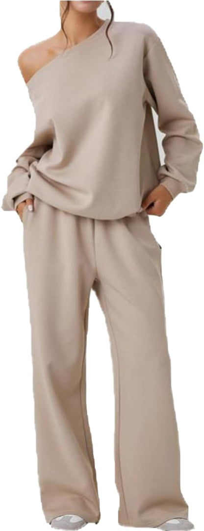 🧊🧊Womens Sweat Outfits Two Piece, Casual Wear for Women Jogging Suits Off-The-Shoulder Long-Sleeved Top and Pants