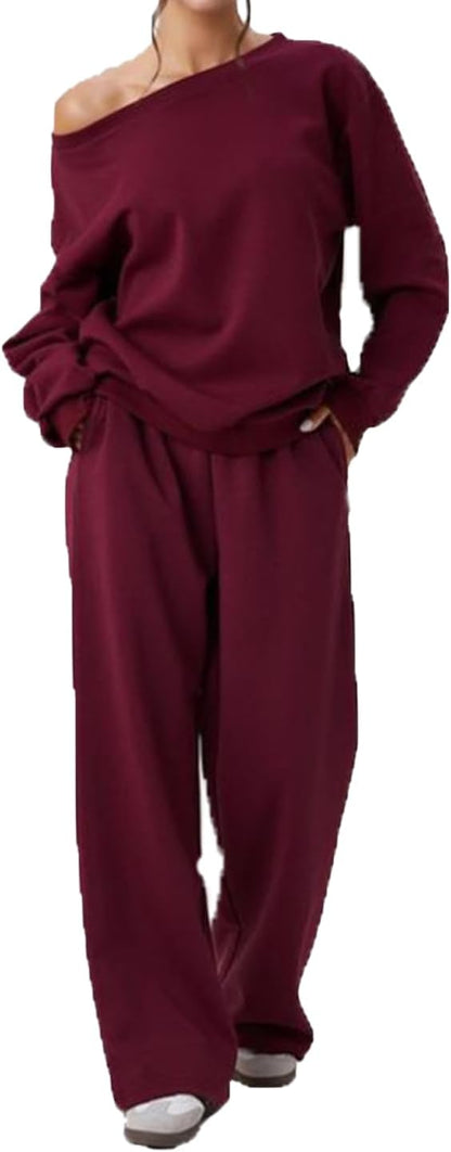 🧊🧊Womens Sweat Outfits Two Piece, Casual Wear for Women Jogging Suits Off-The-Shoulder Long-Sleeved Top and Pants