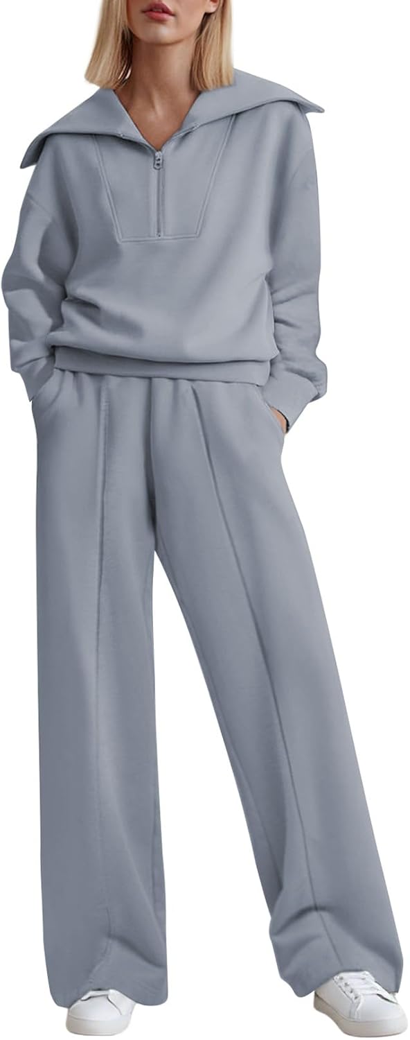Movrae Two Piece Outfits Half Zip Sweatshirt Sweatsuit Lounge Sets for Women Matching Set Wide Leg Sweatpant Tracksuit
