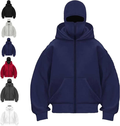 ANAS-Unisex Balaclava Hoodie with Built-In Eye Mask, Double Hooded Hoodie, Full Zip Hooded Sweatshirt for Cold Weather