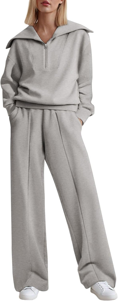 Movrae Two Piece Outfits Half Zip Sweatshirt Sweatsuit Lounge Sets for Women Matching Set Wide Leg Sweatpant Tracksuit