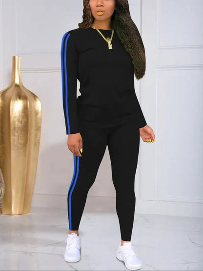 [🔥Buy 2 Free Shipping]Women's Striped Print Long Sleeve Top & Pants Two-piece Set, Casual Fashion Cozy Round Neck Top & Trousers for Daily Outdoor Wear, Ladies Clothes