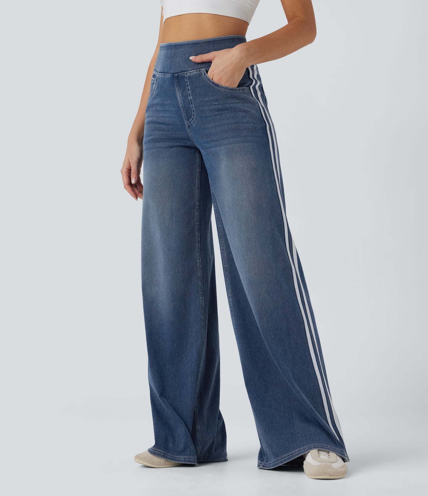 🏆LAST DAY SALE 50% OFF - Plus Size High Waist Comfy Stretch Knit Wide Leg Jeans with Multiple Pockets