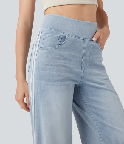 High Waisted Stripe Wide Leg Flowy Washed Casual Jeans with Pockets
