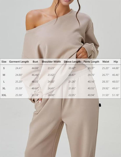 🧊🧊Womens Sweat Outfits Two Piece, Casual Wear for Women Jogging Suits Off-The-Shoulder Long-Sleeved Top and Pants