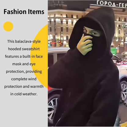 ANAS-Unisex Balaclava Hoodie with Built-In Eye Mask, Double Hooded Hoodie, Full Zip Hooded Sweatshirt for Cold Weather