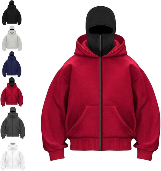 ANAS-Unisex Balaclava Hoodie with Built-In Eye Mask, Double Hooded Hoodie, Full Zip Hooded Sweatshirt for Cold Weather