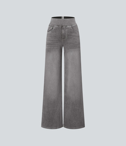 High Waisted Stripe Wide Leg Flowy Washed Casual Jeans with Pockets