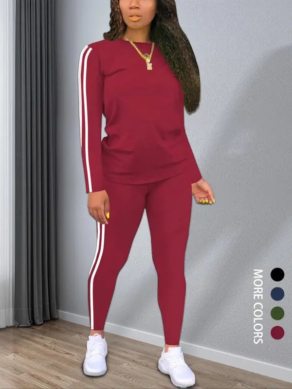 [🔥Buy 2 Free Shipping]Women's Striped Print Long Sleeve Top & Pants Two-piece Set, Casual Fashion Cozy Round Neck Top & Trousers for Daily Outdoor Wear, Ladies Clothes