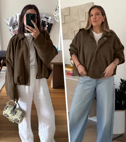 Womens Faux Suede Bomber Jacket Casual Lapel Pilot Cropped Coat Oversized Motorcycle Jackets 2025 Outerwear