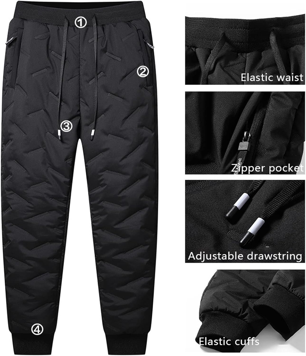 Men's Winter Warm Quilted Jogger Pants, Warm Fleece Jogging Pants, Cashmere-Lined Sweatpants with Zipper Pockets