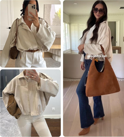 Womens Faux Suede Bomber Jacket Casual Lapel Pilot Cropped Coat Oversized Motorcycle Jackets 2025 Outerwear