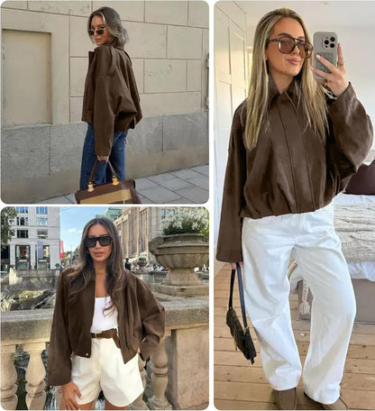 Womens Faux Suede Bomber Jacket Casual Lapel Pilot Cropped Coat Oversized Motorcycle Jackets 2025 Outerwear