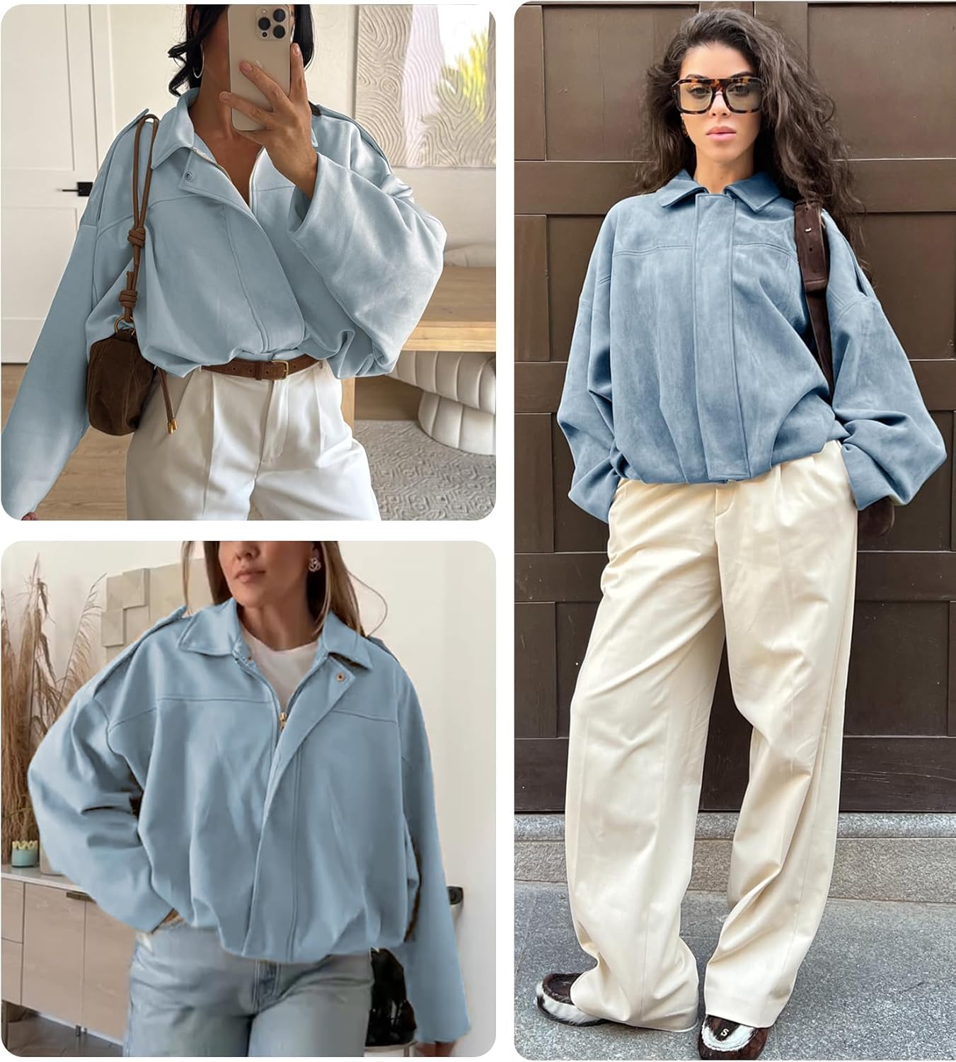 Womens Faux Suede Bomber Jacket Casual Lapel Pilot Cropped Coat Oversized Motorcycle Jackets 2025 Outerwear