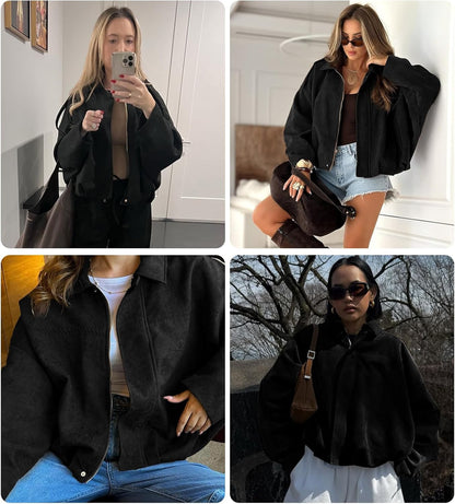 Womens Faux Suede Bomber Jacket Casual Lapel Pilot Cropped Coat Oversized Motorcycle Jackets 2025 Outerwear