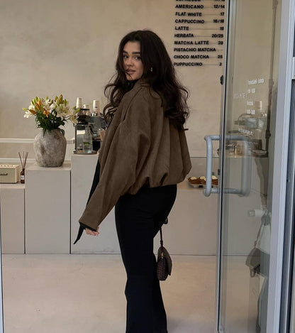 Womens Faux Suede Bomber Jacket Casual Lapel Pilot Cropped Coat Oversized Motorcycle Jackets 2025 Outerwear