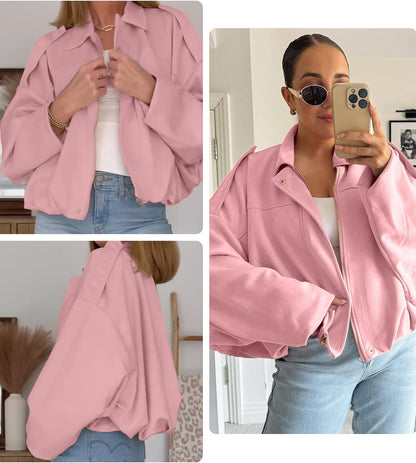 Womens Faux Suede Bomber Jacket Casual Lapel Pilot Cropped Coat Oversized Motorcycle Jackets 2025 Outerwear