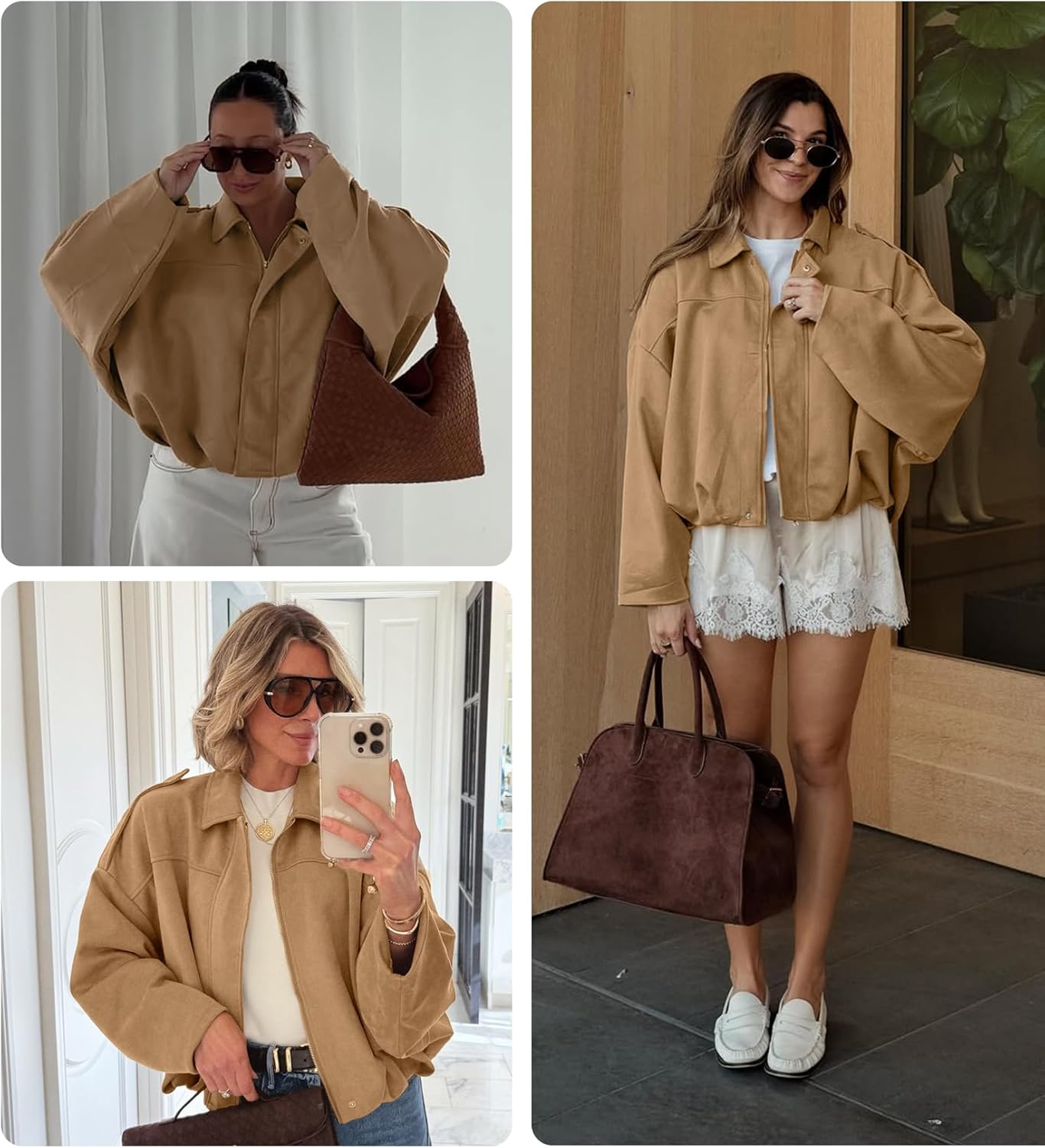 Womens Faux Suede Bomber Jacket Casual Lapel Pilot Cropped Coat Oversized Motorcycle Jackets 2025 Outerwear