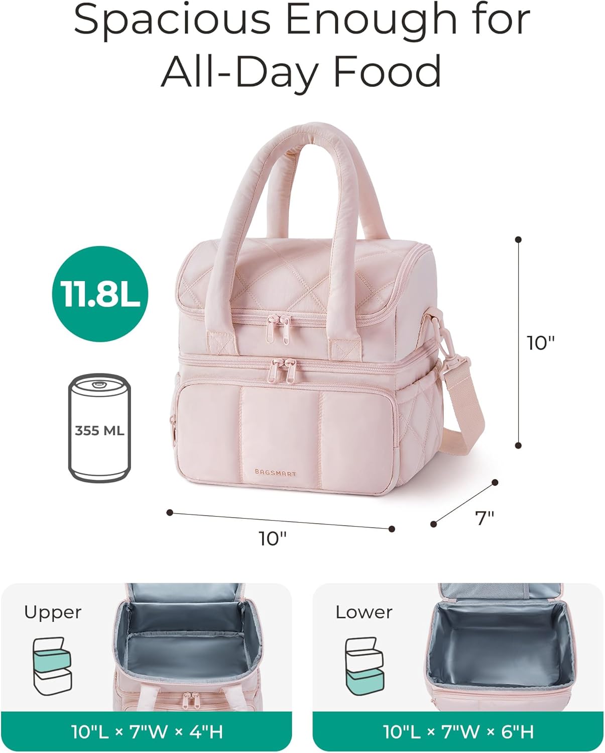 Anastas Lunch Bag Women, Double Deck Insulated Lunch Box, Quilted Puffer Lunch Tote, Leakproof, Durable & Reusable Large Lunch Cooler