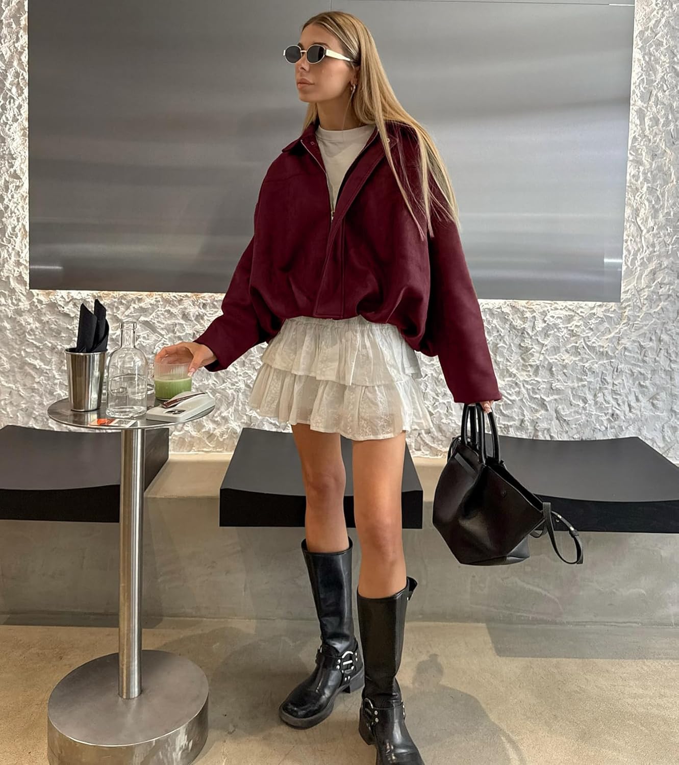 Womens Faux Suede Bomber Jacket Casual Lapel Pilot Cropped Coat Oversized Motorcycle Jackets 2025 Outerwear