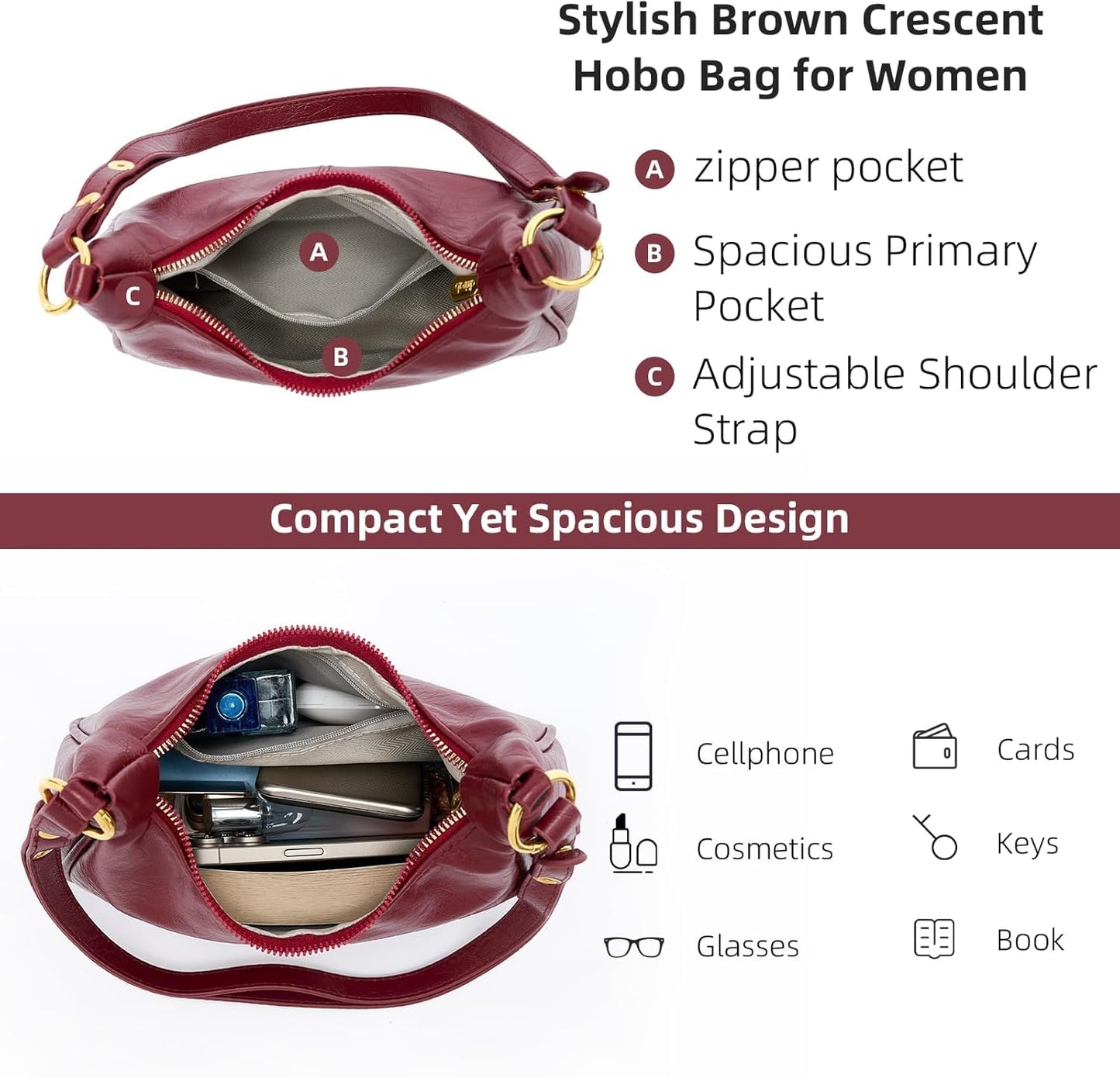 [Buy 2 Free Shipping]Shoulder Bags for Women Small Hobo Bags Crescent Shaped Cute Retro Tote Handbag Mini Clutch Purse with Zipper Closure