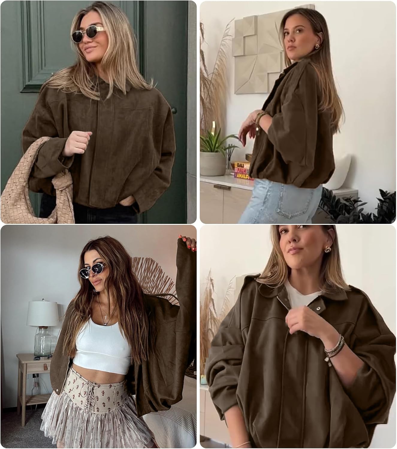 Womens Faux Suede Bomber Jacket Casual Lapel Pilot Cropped Coat Oversized Motorcycle Jackets 2025 Outerwear